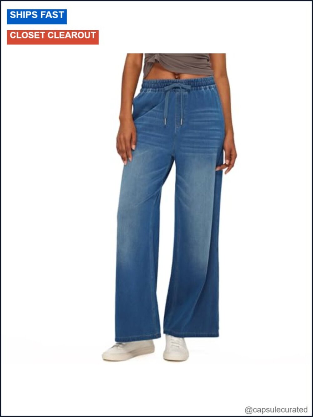 Mid-Low Rise Wide Leg Jeans - Stretchy Baggy Drawstring Straight Denim Y2K